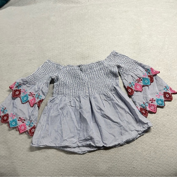 Loft Blue & White Striped Ruffle Embroidered Off the Shoulder Blouse Small P - Picture 2 of 5